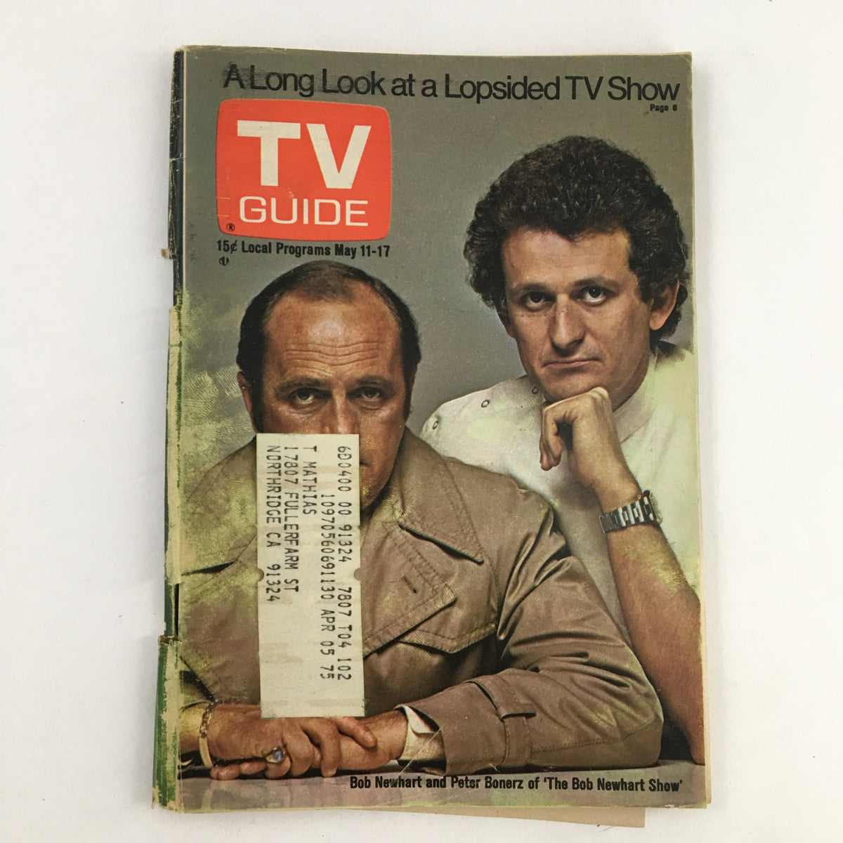 Cover of TV Guide Magazine May 11, 1974 featuring Bob Newhart and Peter Bonerz, showcasing the duo with a nostalgic design indicative of the 1970s television era.