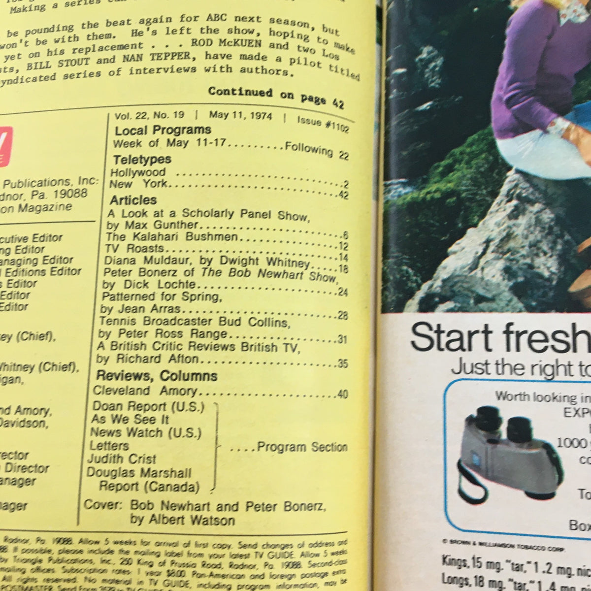 Interior page from TV Guide Magazine May 11, 1974 detailing listings and articles, featuring Bob Newhart and Peter Bonerz, reflecting the magazine's content and historical significance.