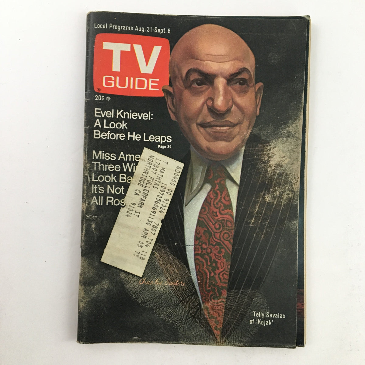 Cover of TV Guide Magazine dated August 31, 1974 featuring Telly Savalas from 'Kojak', showcasing a vintage portrait style with a striking background.