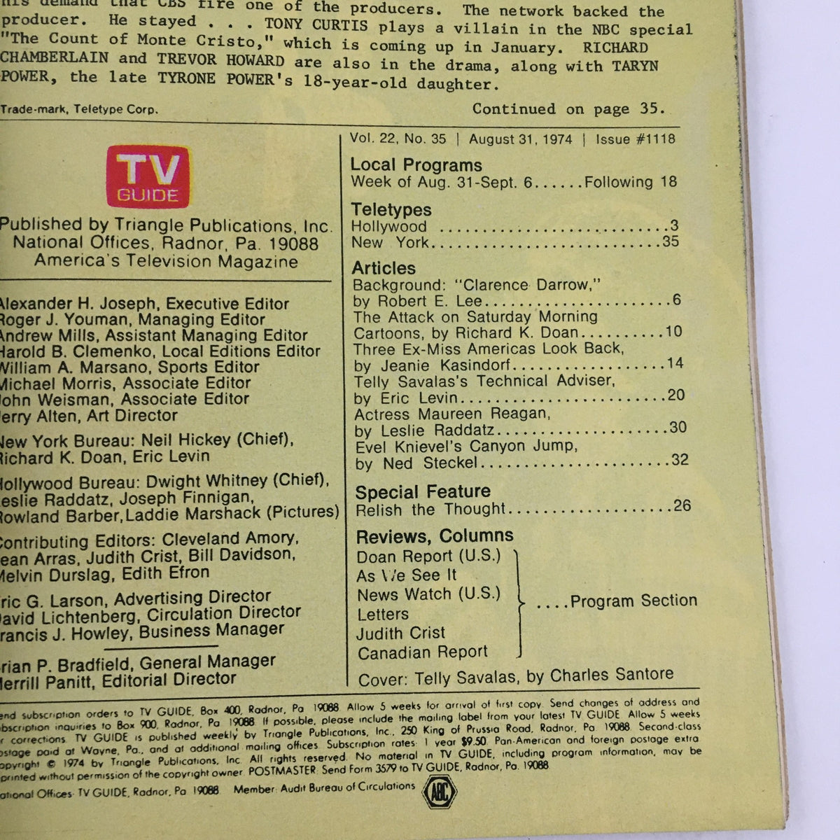 Back cover of the August 31, 1974 TV Guide Magazine, offering an overview of the contents and features of this collectible issue featuring Telly Savalas.