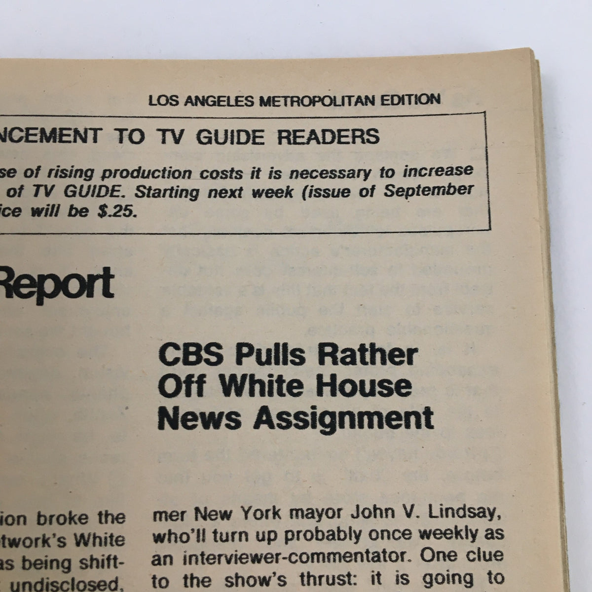 Announcement section of TV Guide Magazine August 31 1974 featuring details on pricing and CBS news changes, L.A. Edition with Telly Savalas of 'Kojak'.