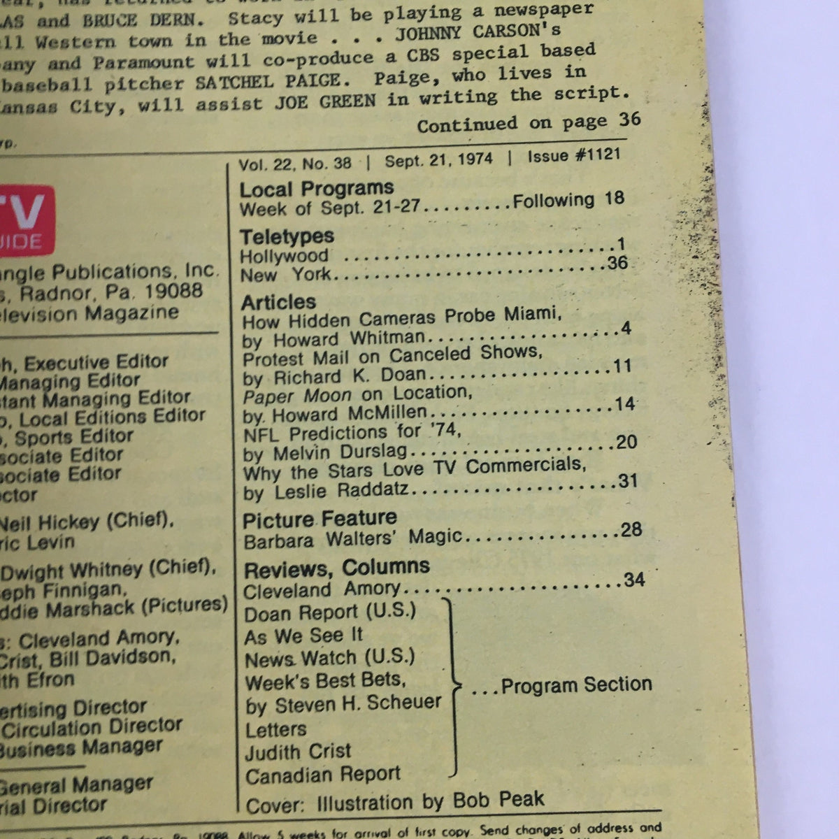 Inner page of TV Guide Magazine September 21, 1974, detailing local programs and articles including 'How Hidden Cameras Probe Miami'. The page provides a glimpse into the magazine's content and television history.