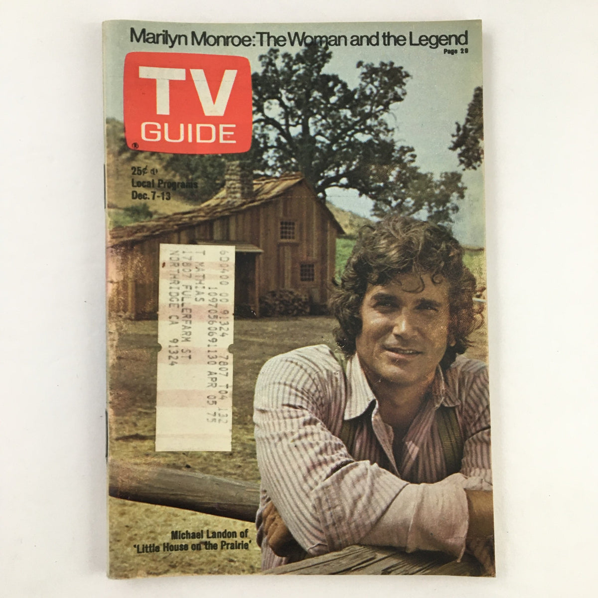 TV Guide Magazine cover from December 7, 1974 featuring Michael Landon from 'Little House on the Prairie' and a tribute to Marilyn Monroe, showcasing a vintage television publication.