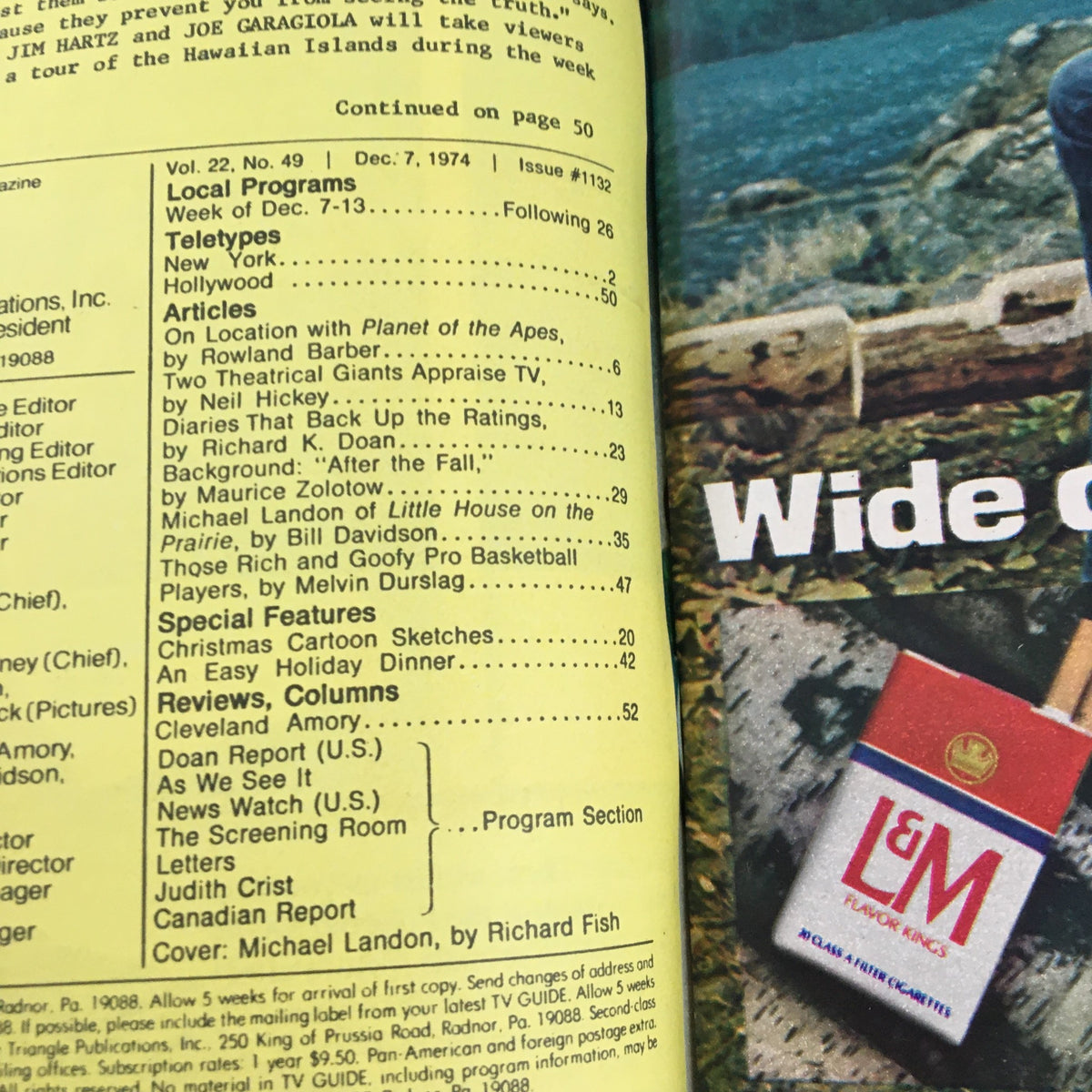 Inside page of TV Guide Magazine December 7, 1974, showcasing articles and program listings of the week.