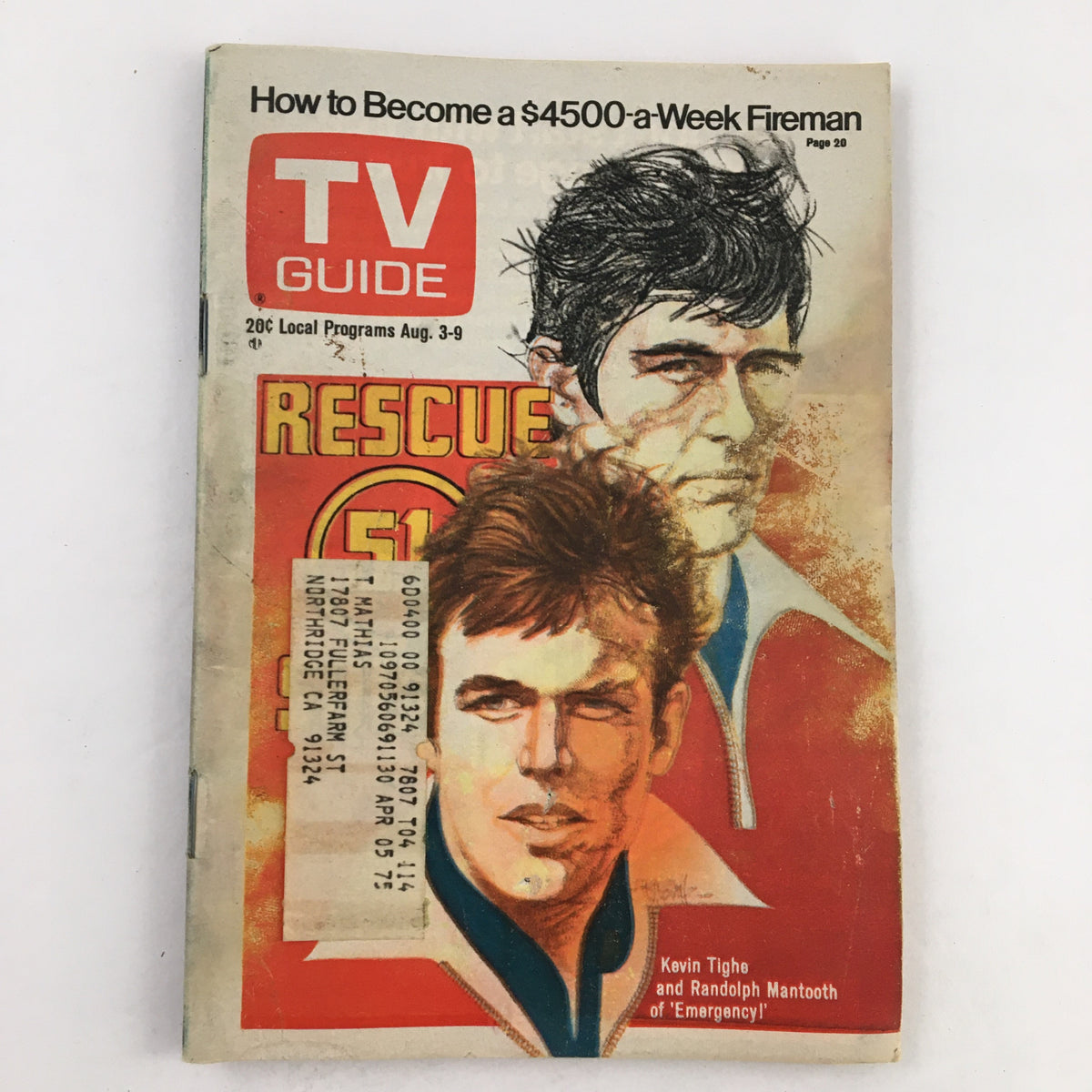 Cover of TV Guide Magazine from August 3, 1974 featuring actors Kevin Tighe and Randolph Mantooth from 'Emergency!'. Vintage magazine highlights iconic television history.