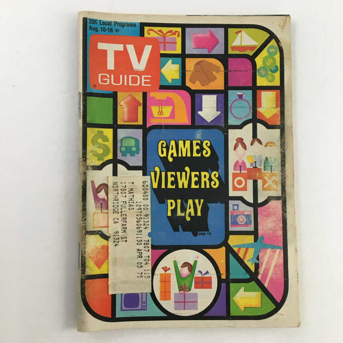 Cover of the TV Guide Magazine August 10 1974 issue featuring the title 'Games Viewers Play' with colorful illustrations and an address label, showcasing a vintage television publication.