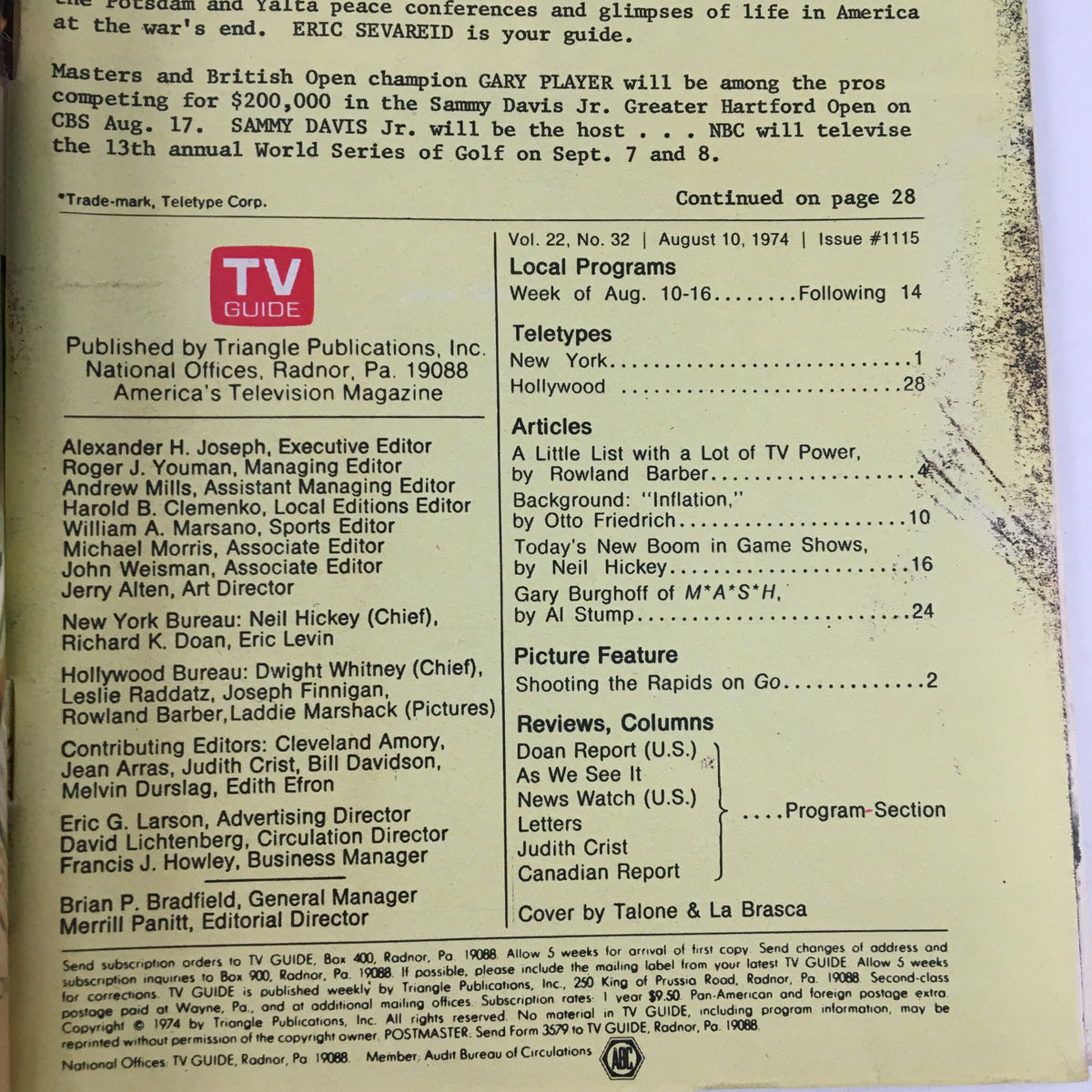 Inside page of TV Guide Magazine August 10 1974, listing articles, editors, and TV program information, highlighting the magazine’s vintage design and content.