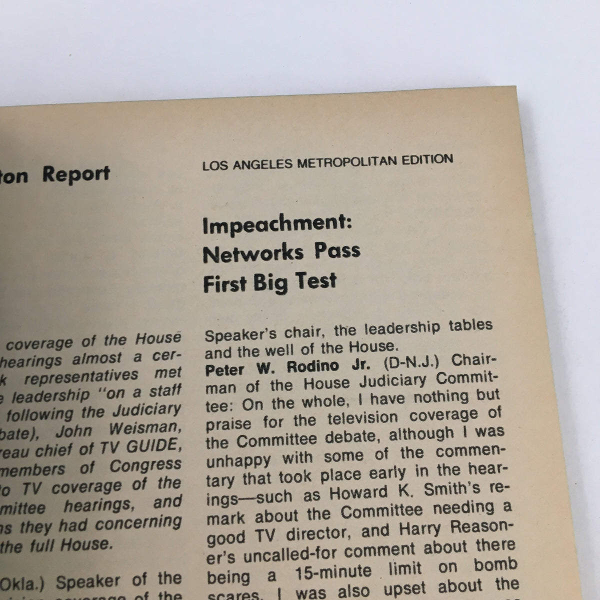 Editorial page from TV Guide Magazine August 10 1974 discussing impeachment coverage and television's role, providing historical context related to that era.