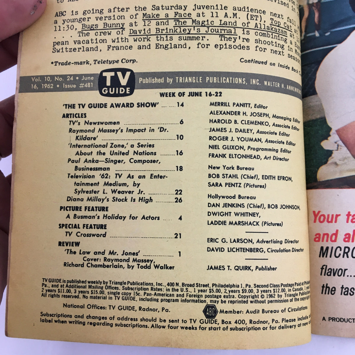 Back cover of TV Guide Magazine June 16, 1962 featuring detailed listings and articles such as 'Raymond Massey's Impact in Dr. Kildare' and programming schedule for the week.