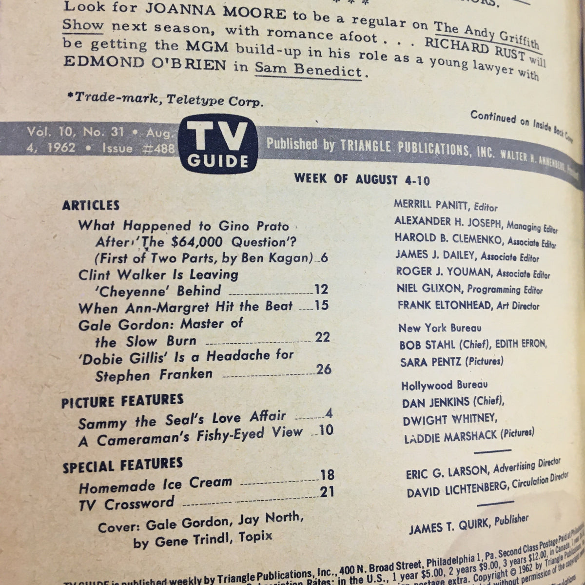 Interior page of TV Guide Magazine August 4 1962 showing listings and articles, Kansas City Edition.