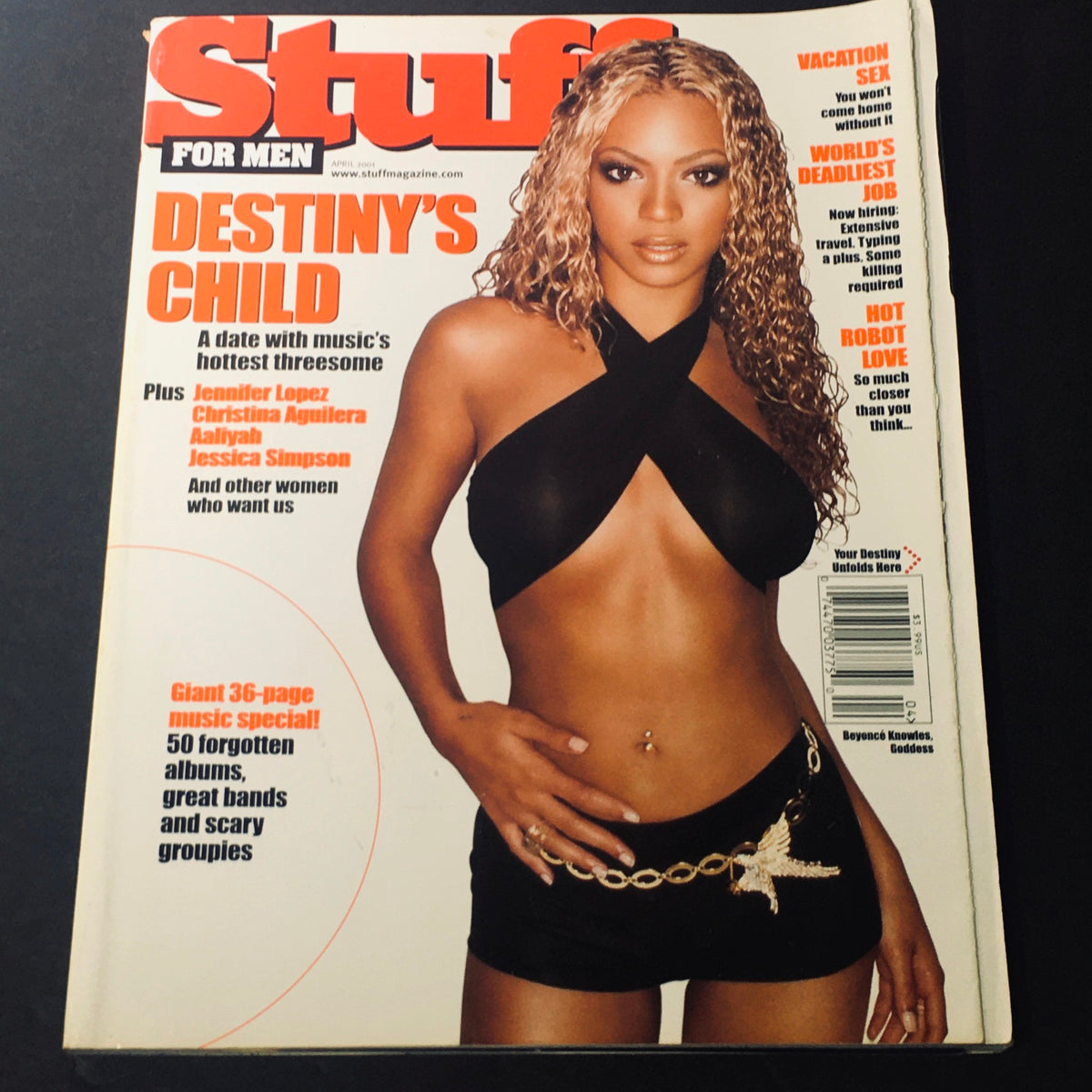 Stuff For Men Magazine April 2001 cover featuring Beyoncé, Jennifer Lopez, and Aaliyah showcasing pop culture icons of the early 2000s.