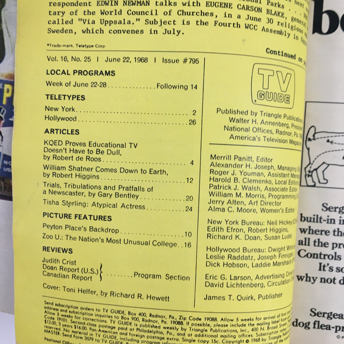 Back cover of TV Guide Magazine June 22, 1968 highlighting local programs and articles, with focus on William Shatner and KQED's educational TV section.