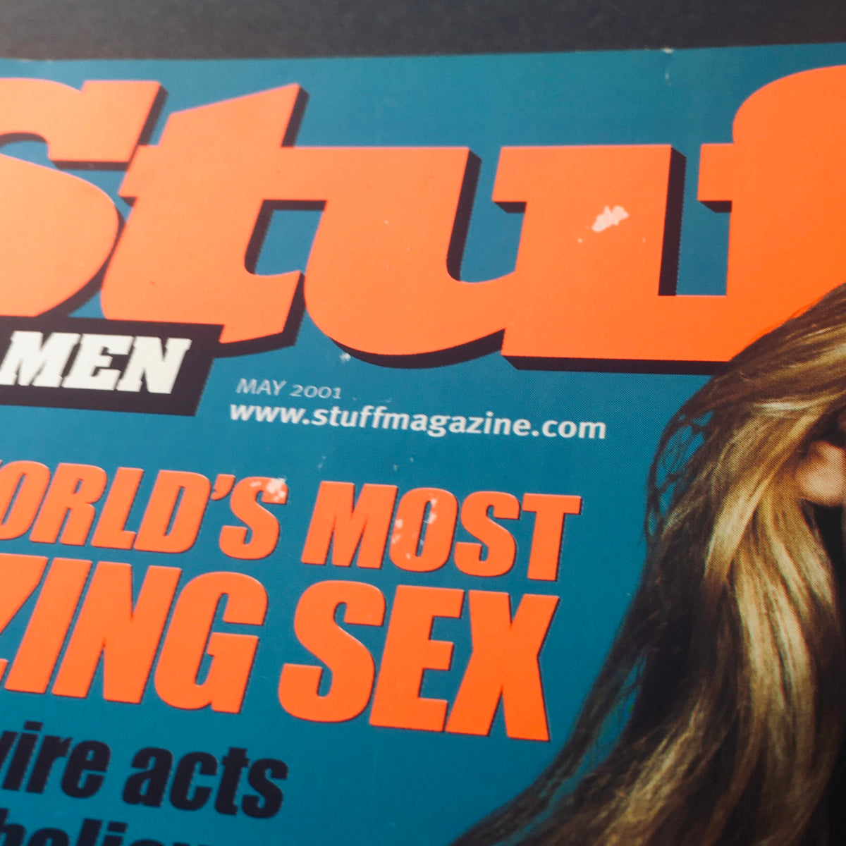 Close-up of Stuff For Men Magazine May 2001 showing the title and tagline 'The World's Most Amazing Sex' at the top.