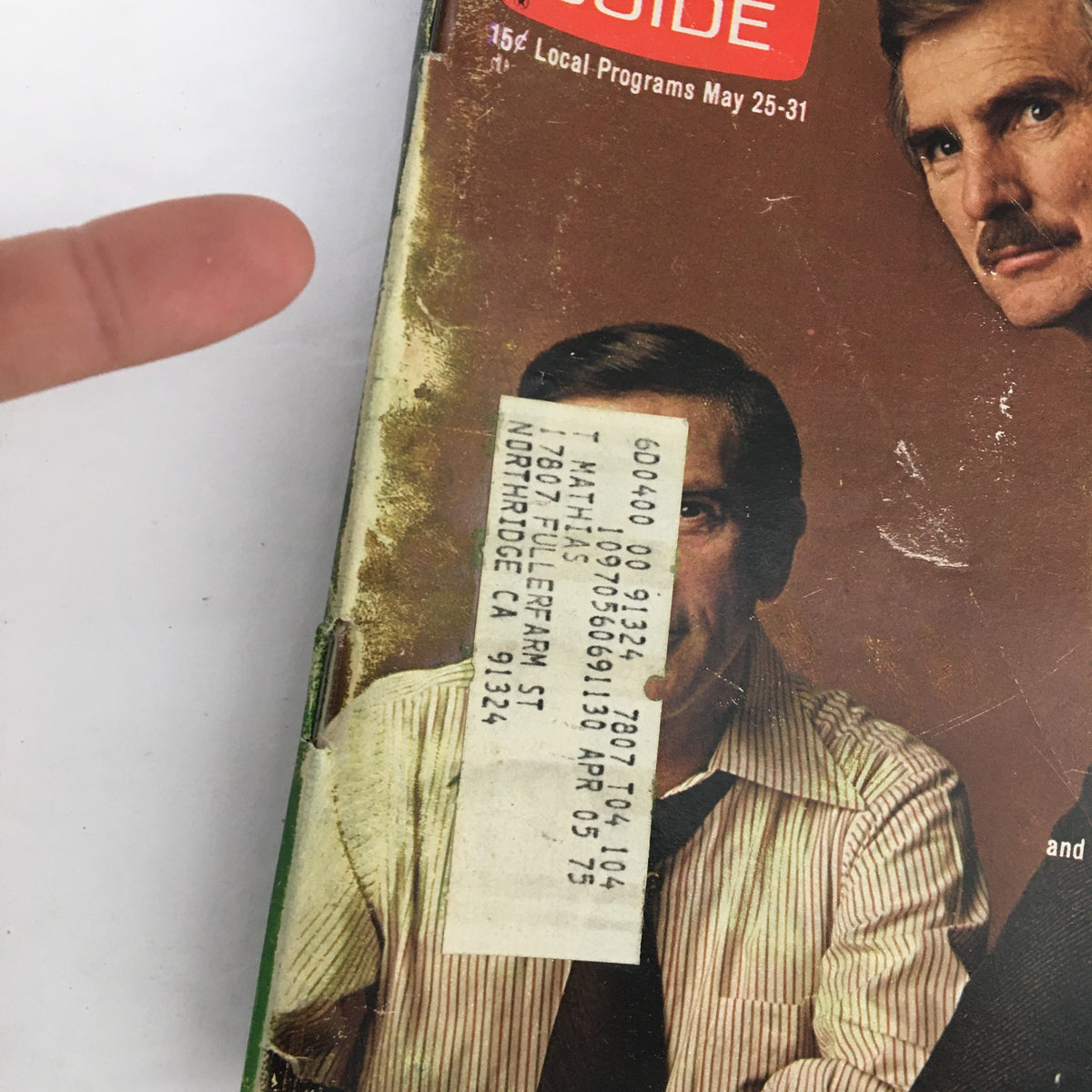 Close-up of the TV Guide Magazine May 25 1974 cover, highlighting J.D. Cannon and Dennis Weaver with an address label on the front.