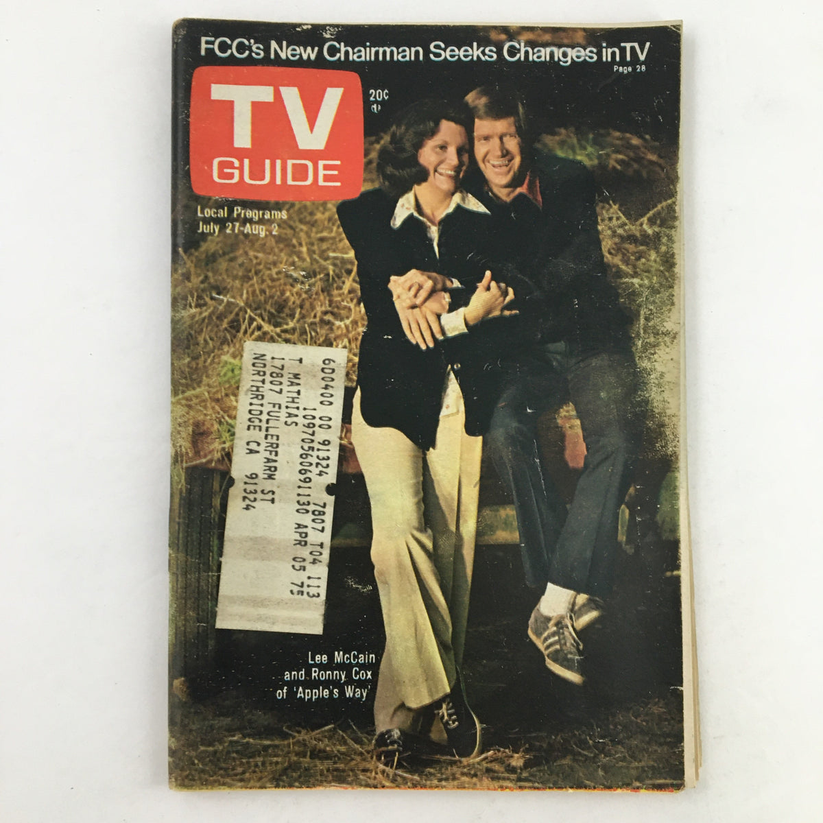Cover of TV Guide Magazine July 27 1974 featuring Lee McCain and Ronny Cox, showcasing popular culture from the era, L.A. Edition.