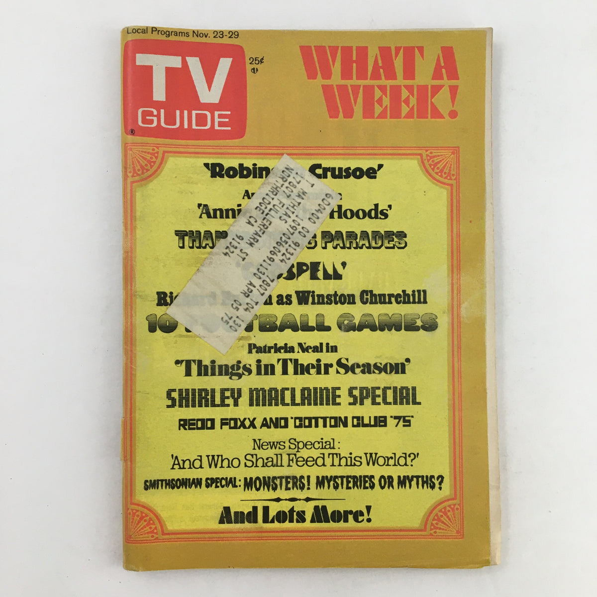 Front cover of TV Guide Magazine November 23, 1974, featuring a Shirley MacLaine special edition with a vibrant yellow background and article highlights.