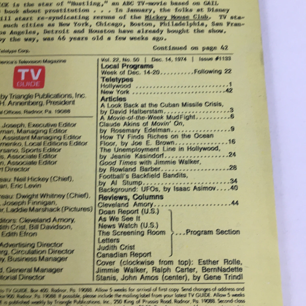 Details from the back cover of TV Guide Magazine December 14 1974 showcasing local program listings and articles relevant to the television landscape of the time.
