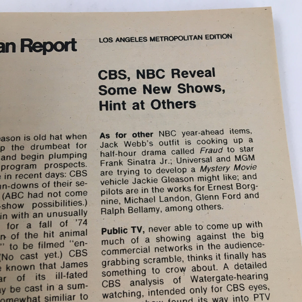 TV Guide Magazine January 12 1974 cover featuring the headline about CBS and NBC revealing new shows, positioned in the Los Angeles Metropolitan Edition.