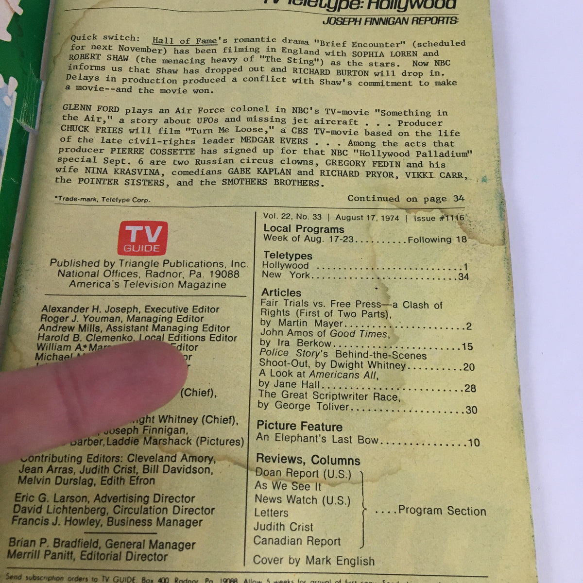 TV Guide Magazine August 17 1974 Fair Trials and Free Press L.A. Edition - Back cover with publication details and list of contributors.