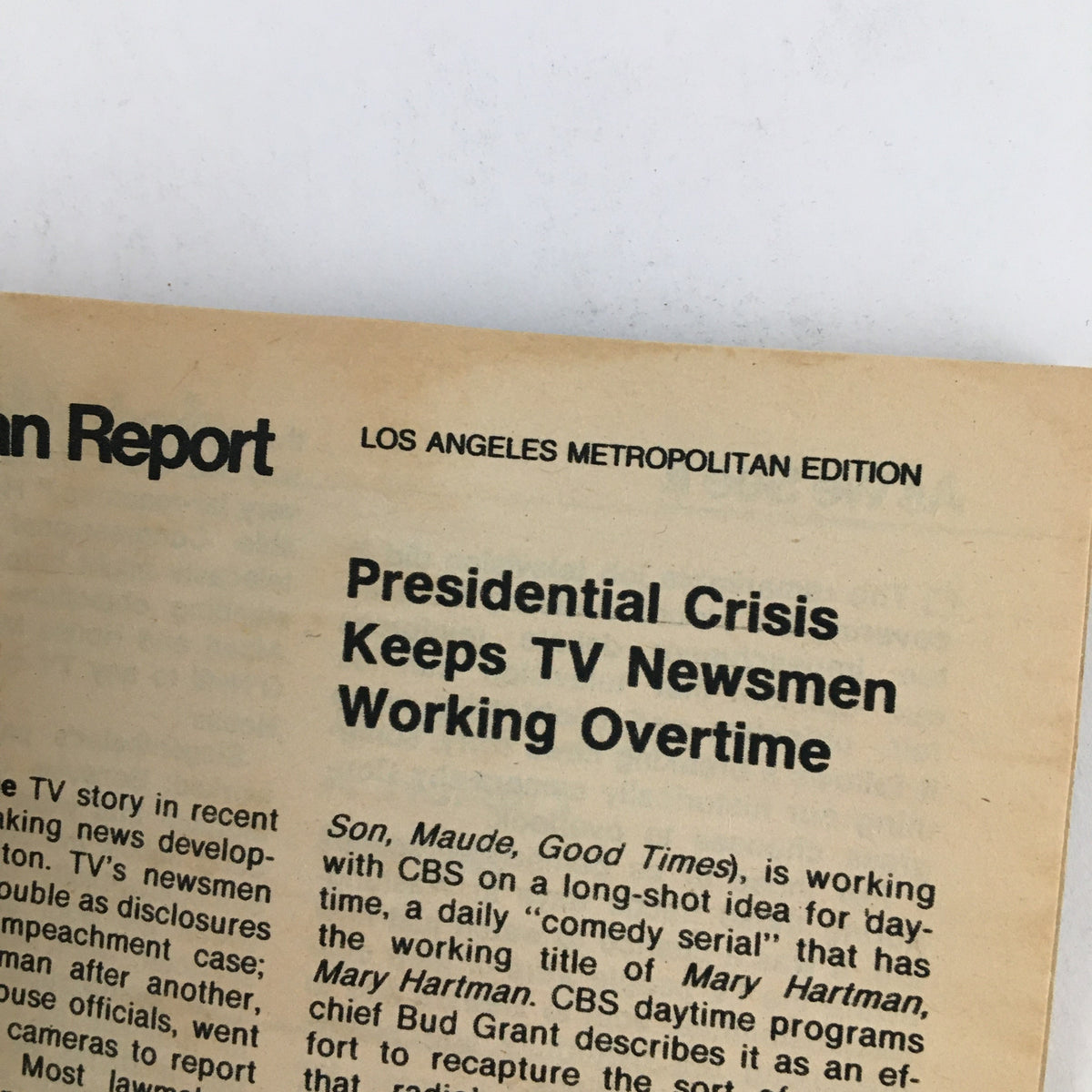 TV Guide Magazine August 17 1974 Fair Trials and Free Press L.A. Edition - Close-up view of an article titled 'Presidential Crisis Keeps TV Newsmen Working Overtime'.