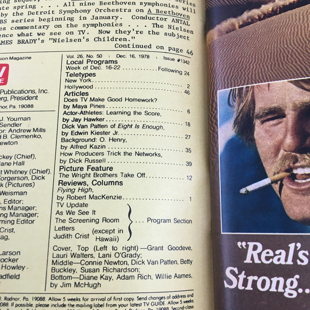 Inside page of TV Guide Magazine December 16, 1978 featuring listings and articles related to popular television shows, highlighting Dick Van Patten from 'Eight is Enough'.