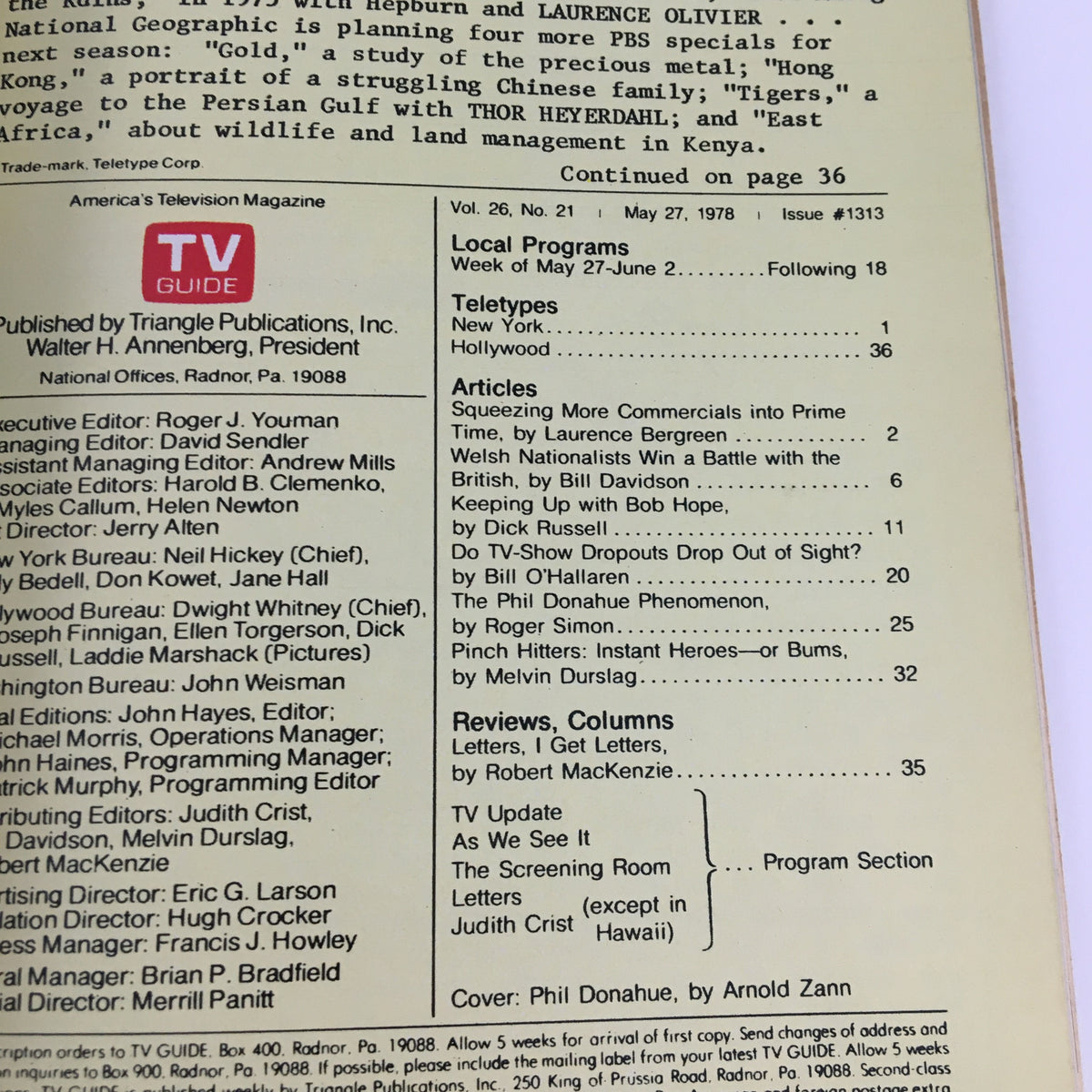 Table of contents page from TV Guide Magazine May 27, 1978, listing articles including The Phil Donahue Phenomenon.