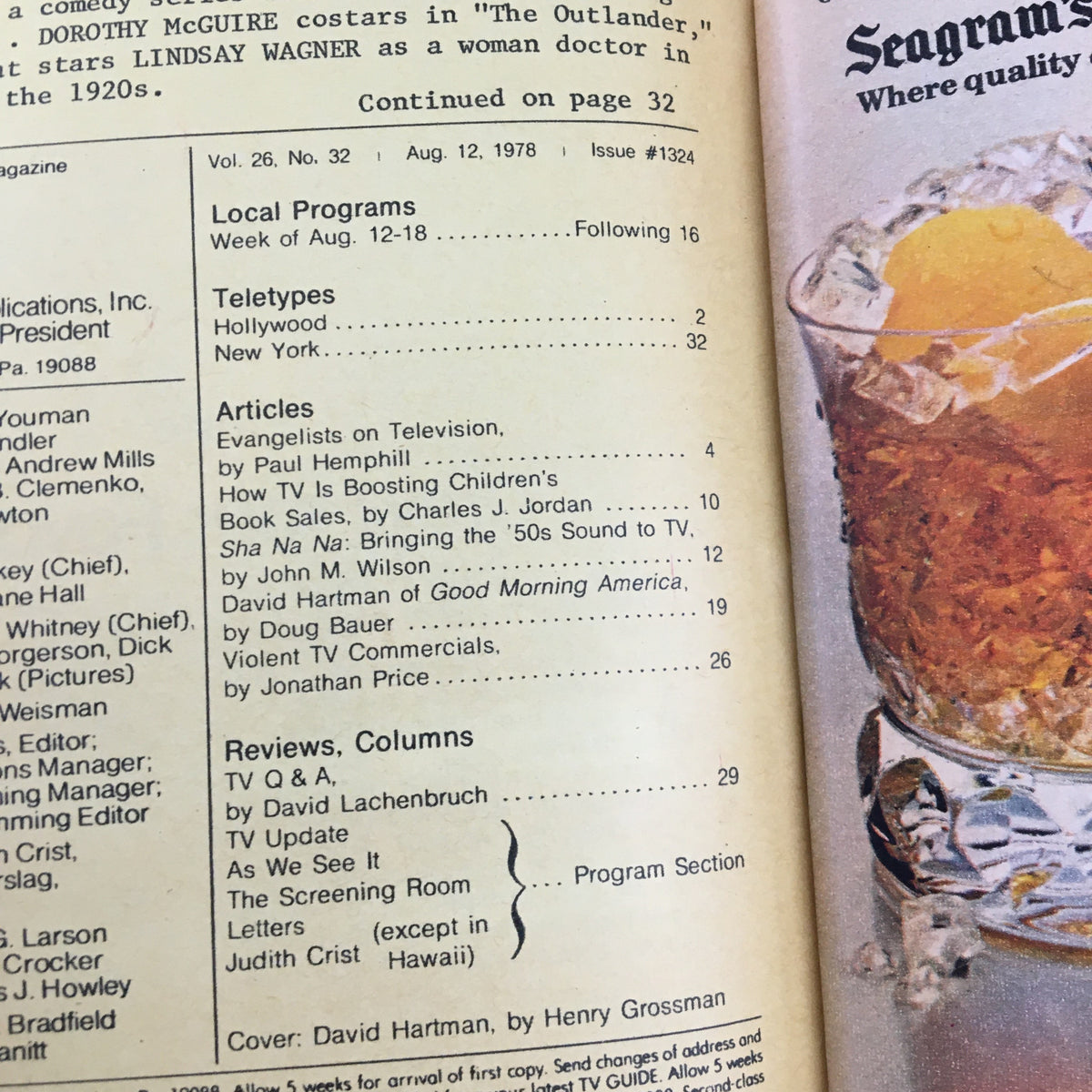 Table of contents from TV Guide Magazine August 12 1978 featuring David Hartman on Good Morning America, highlighting articles and programming details.