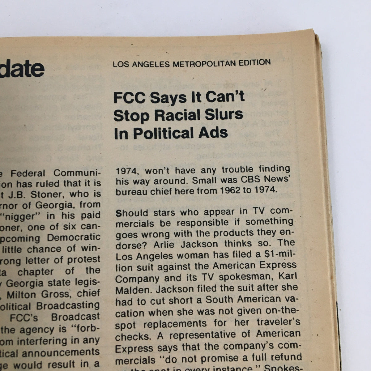 News update from TV Guide Magazine August 12 1978 Los Angeles Edition discussing FCC regulations on racial slurs in political ads.