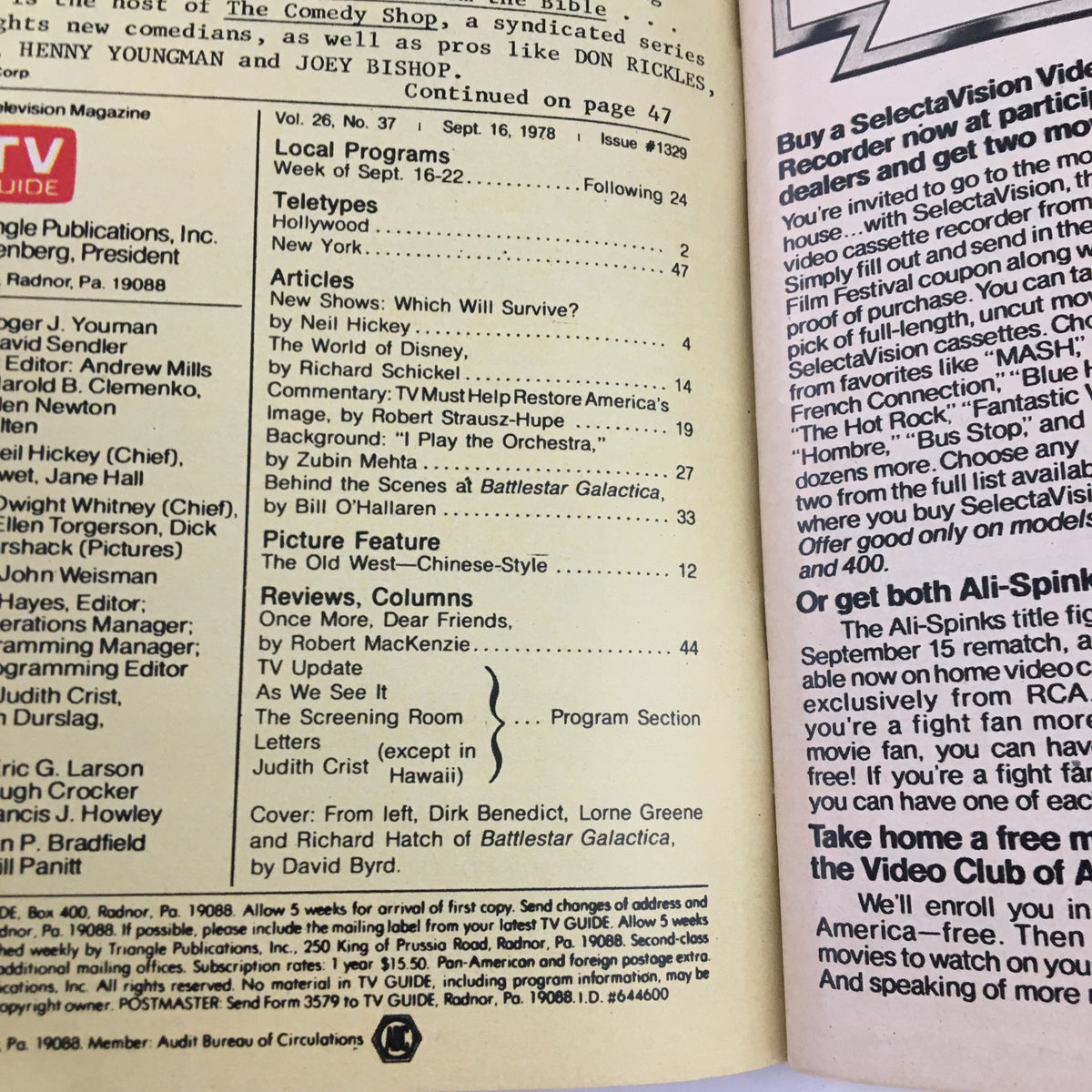 Inside page of TV Guide Magazine September 16, 1978, displaying the table of contents and articles, highlighting features on shows like Battlestar Galactica.