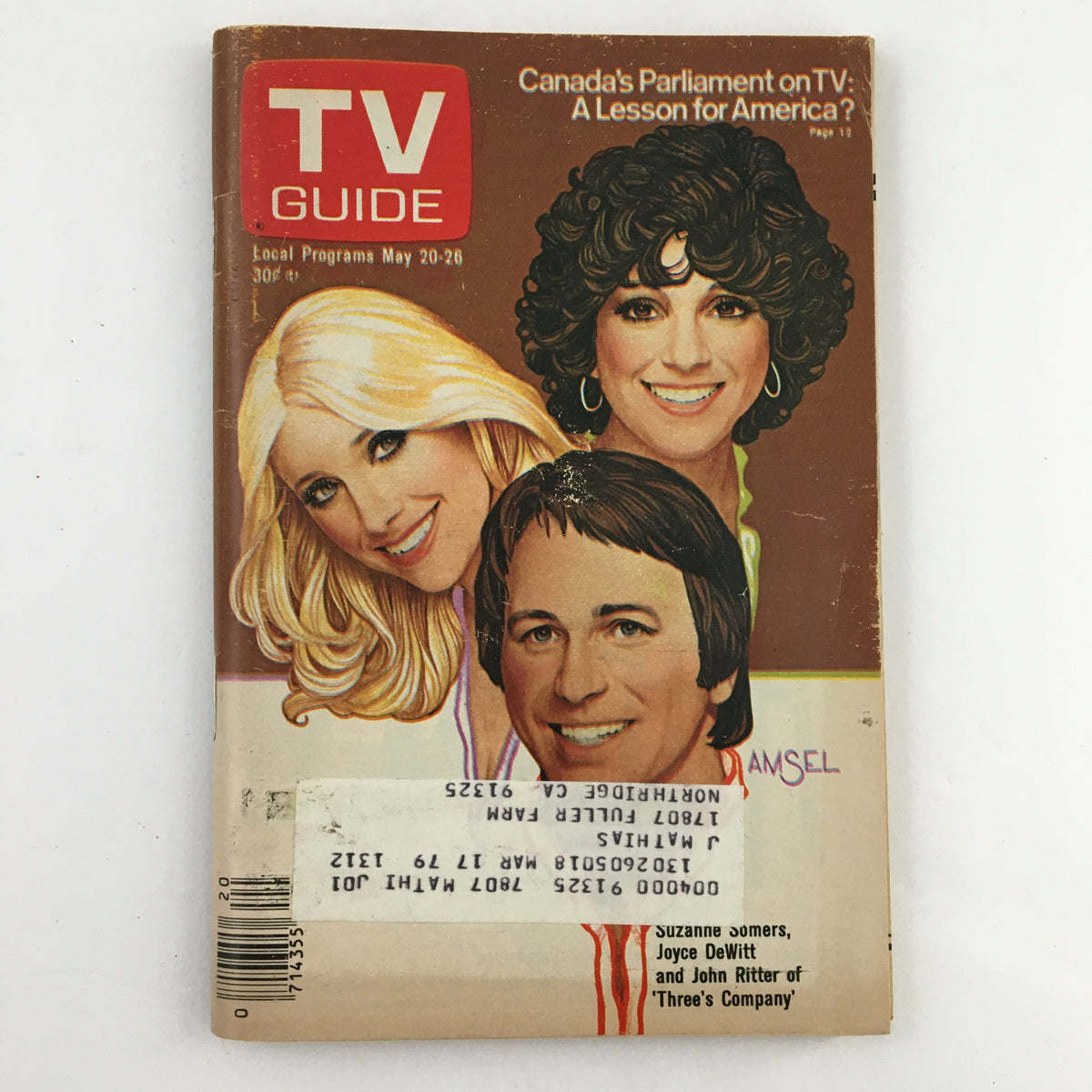 Cover of TV Guide Magazine May 20 1978 featuring Joyce DeWitt, Suzanne Somers, and John Ritter from 'Three's Company'. This vintage issue highlights popular television stars of the late 1970s.