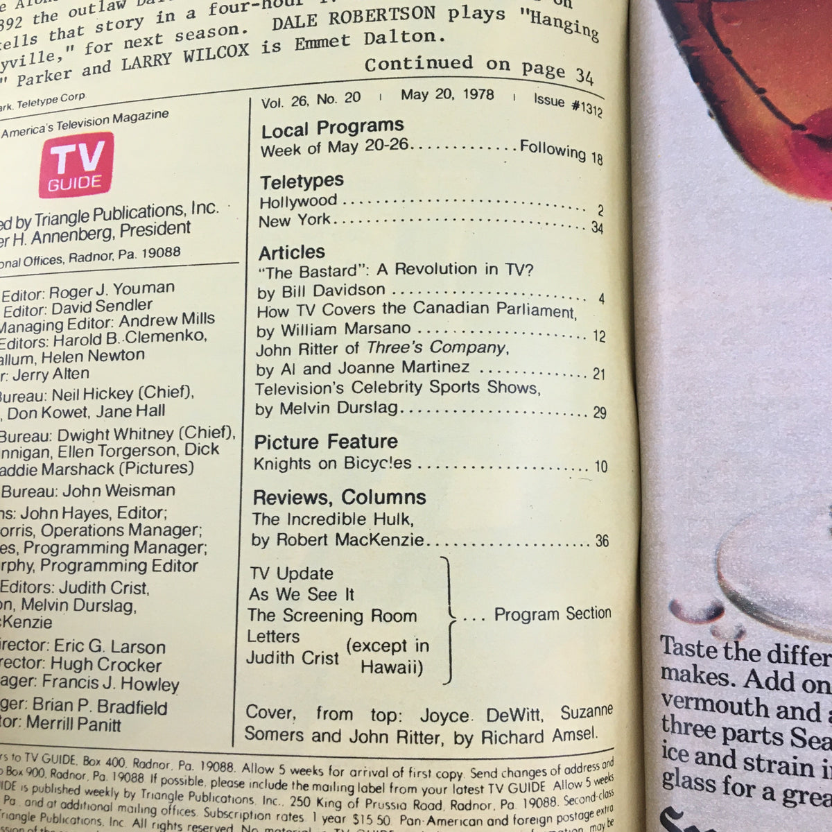 Inside page of TV Guide Magazine May 20 1978 showcasing articles and features, including details about 'Three's Company'. The magazine reflects the television culture of the late 1970s.