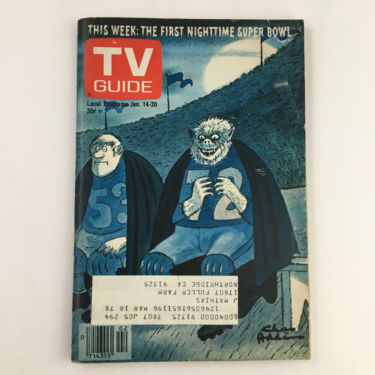 Cover of TV Guide Magazine January 14 1978, featuring a unique illustration related to the first nighttime Super Bowl, showcasing two cartoon characters in sports attire.