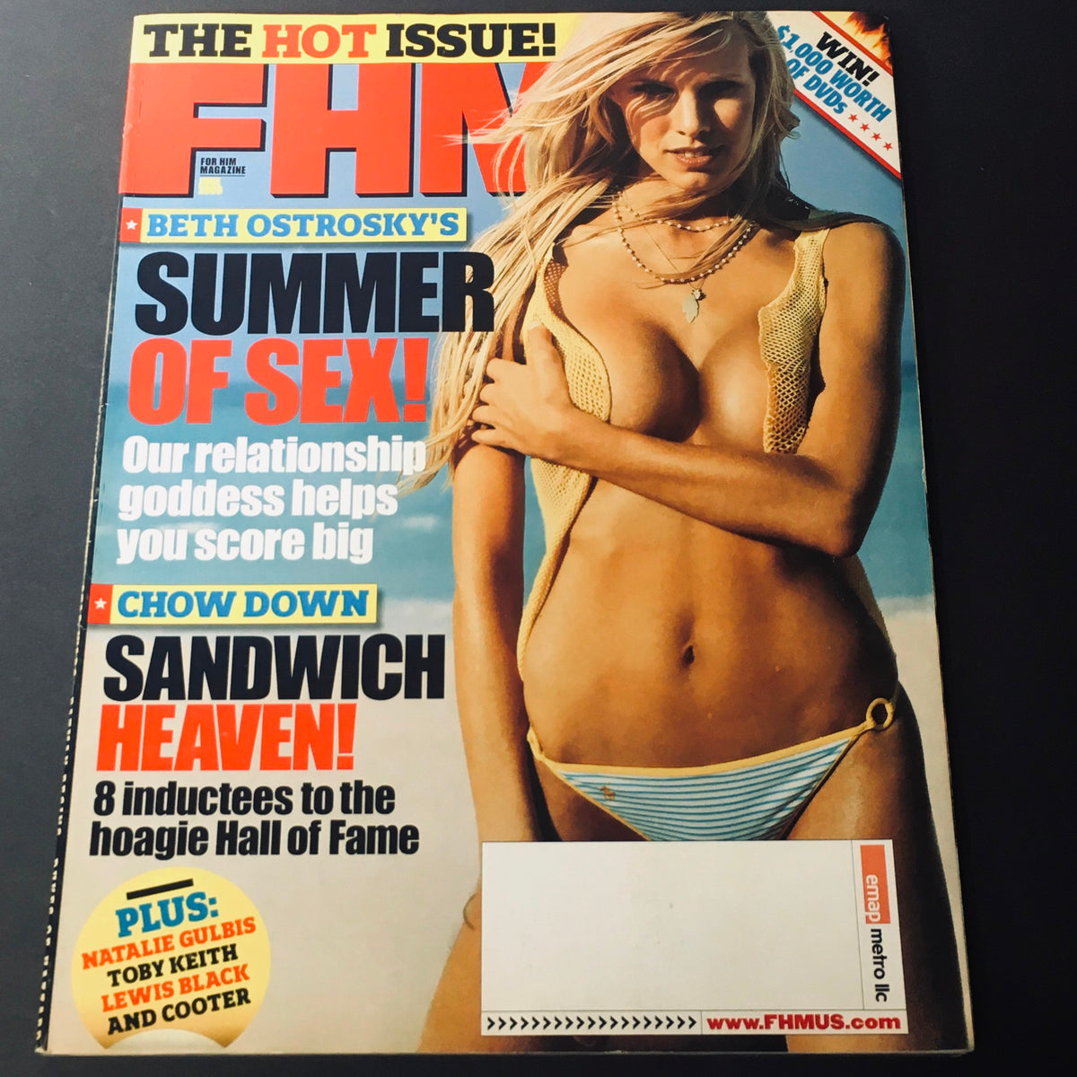FHM Magazine June 2005 cover featuring Beth Ostrosky showcasing her Summer of Sex theme, highlighting Sandwich Heaven and relationship advice.