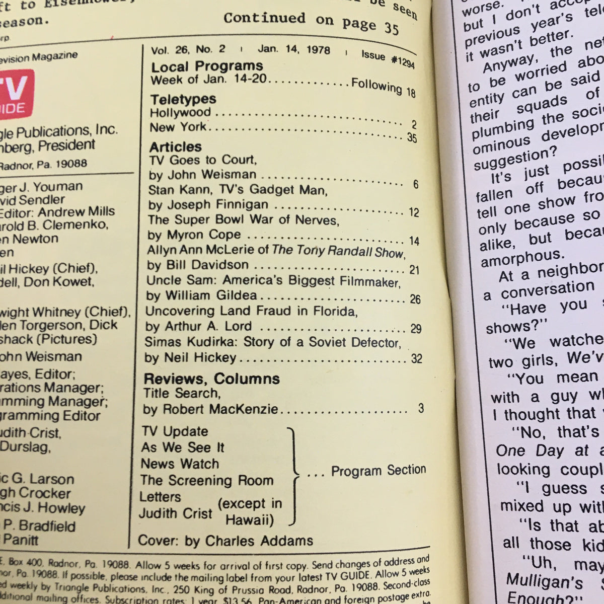 Inside page of TV Guide Magazine from January 14, 1978, featuring articles and program listings related to the First Nightmare Super Bowl L.A. Edition.
