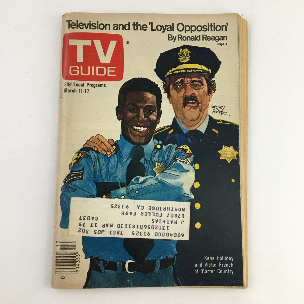 TV Guide Magazine March 11 1978 cover featuring Kene Holliday and Victor French, showcasing iconic characters from the television show Carter Country, with a vibrant illustration and details about local programs of the era.