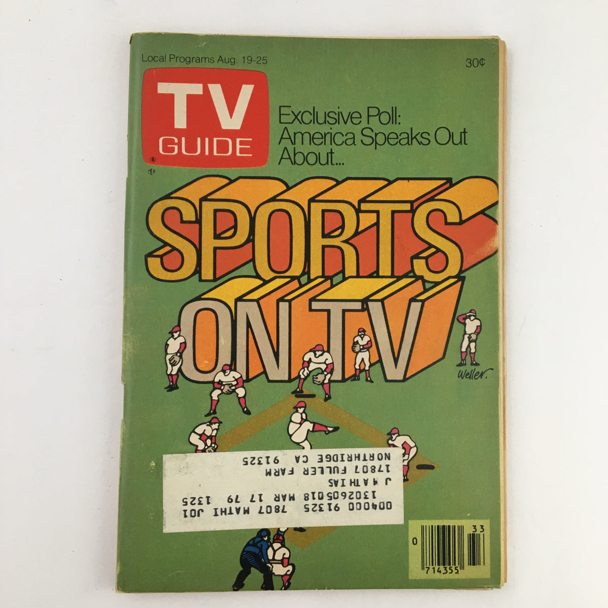 Cover of TV Guide Magazine from August 19, 1978 titled 'America Speaks Out About Sports TV, L.A. Edition'. Features artwork depicting baseball players and the title 'Sports On TV' prominently.