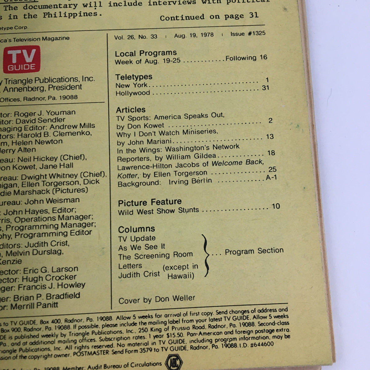 Back cover of TV Guide Magazine from August 19, 1978, listing local programs and articles, including an article titled 'TV Sports: America Speaks Out' by Don Kowet.