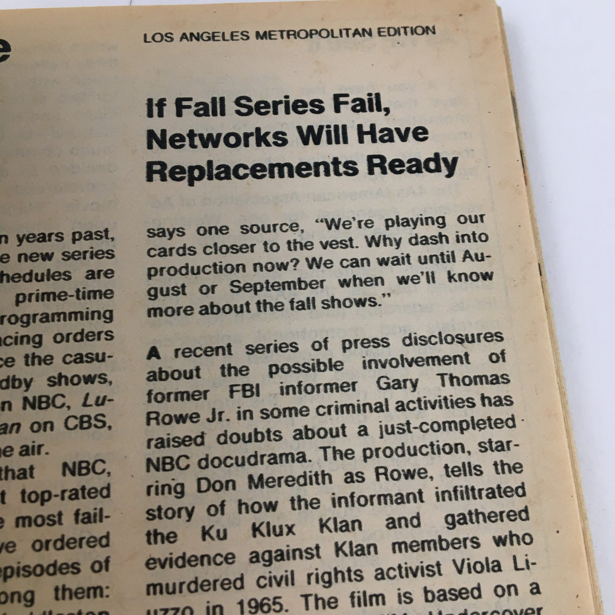 Article excerpt from TV Guide Magazine July 22 1978, discussing potential network replacements for failing fall series, L.A. Edition featuring Gavin MacLeod on the cover.