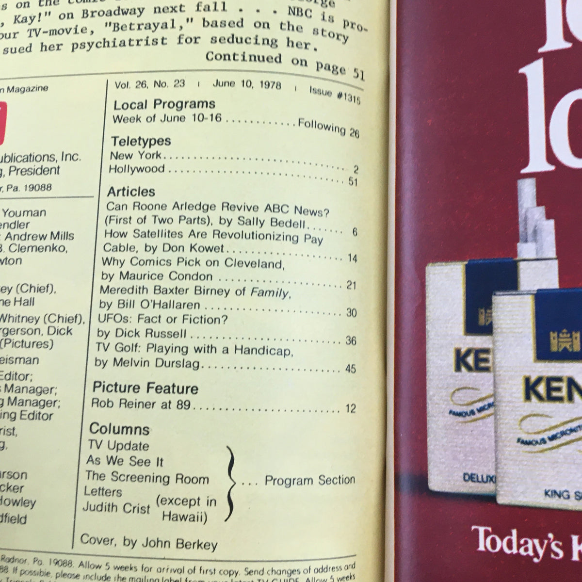 Interior page of TV Guide Magazine June 10, 1978, listing articles including 'UFOs: Fact or Fiction?' showcasing the magazine's content focused on television and pop culture in the late 1970s.