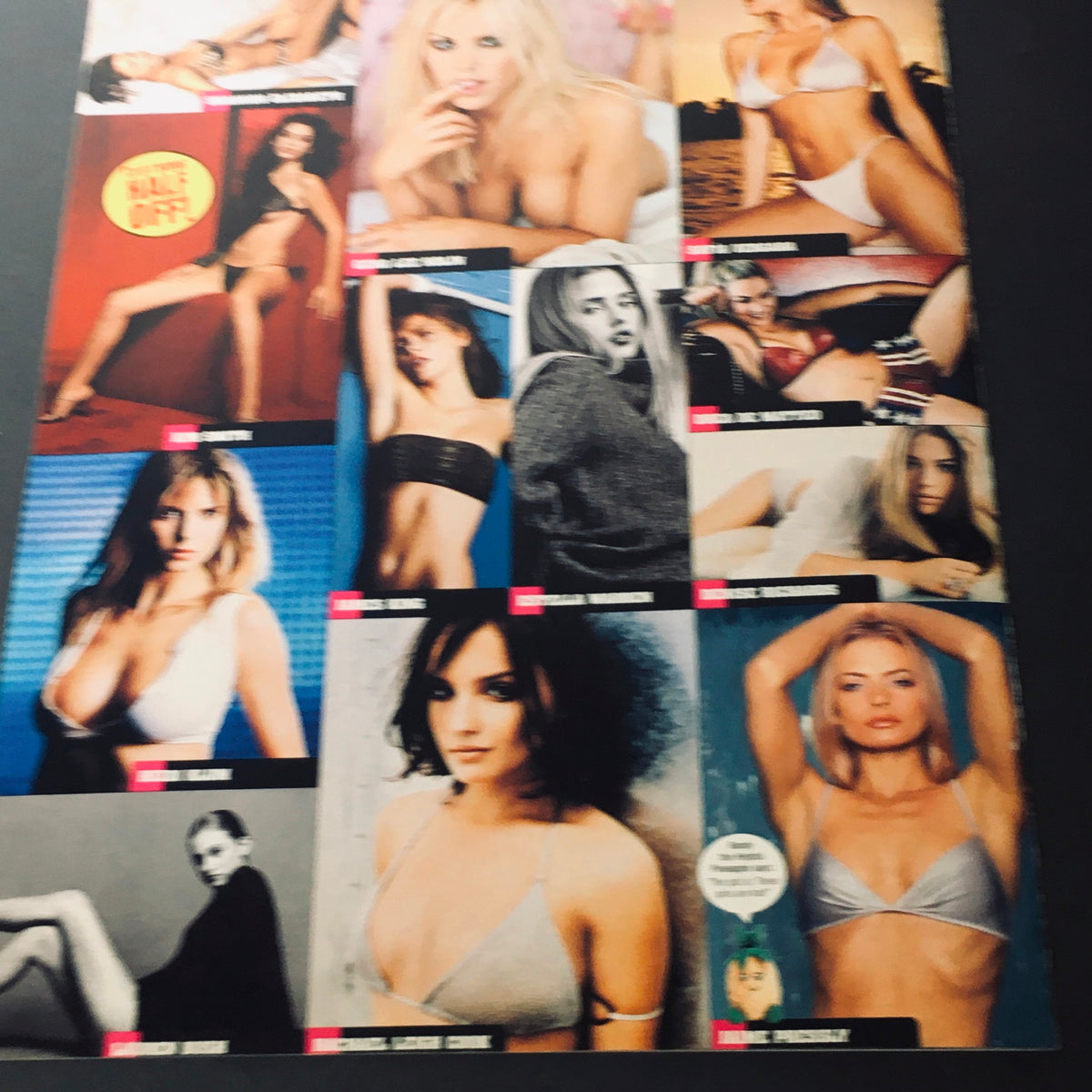 Collage of models featured in Stuff For Men Magazine Summer 2001, showcasing various swimsuits and styles from popular figures of the early 2000s.