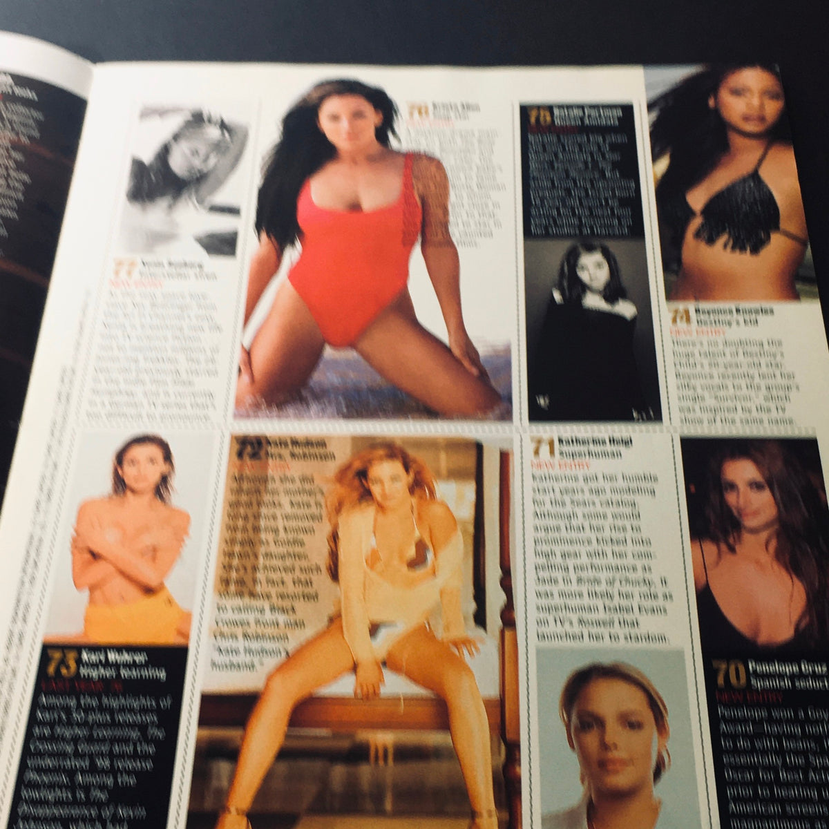 Page from FHM Magazine 2001 showcasing multiple models, highlighting the '100 Sexiest Women in the World' including stunning visuals and captivating profiles.