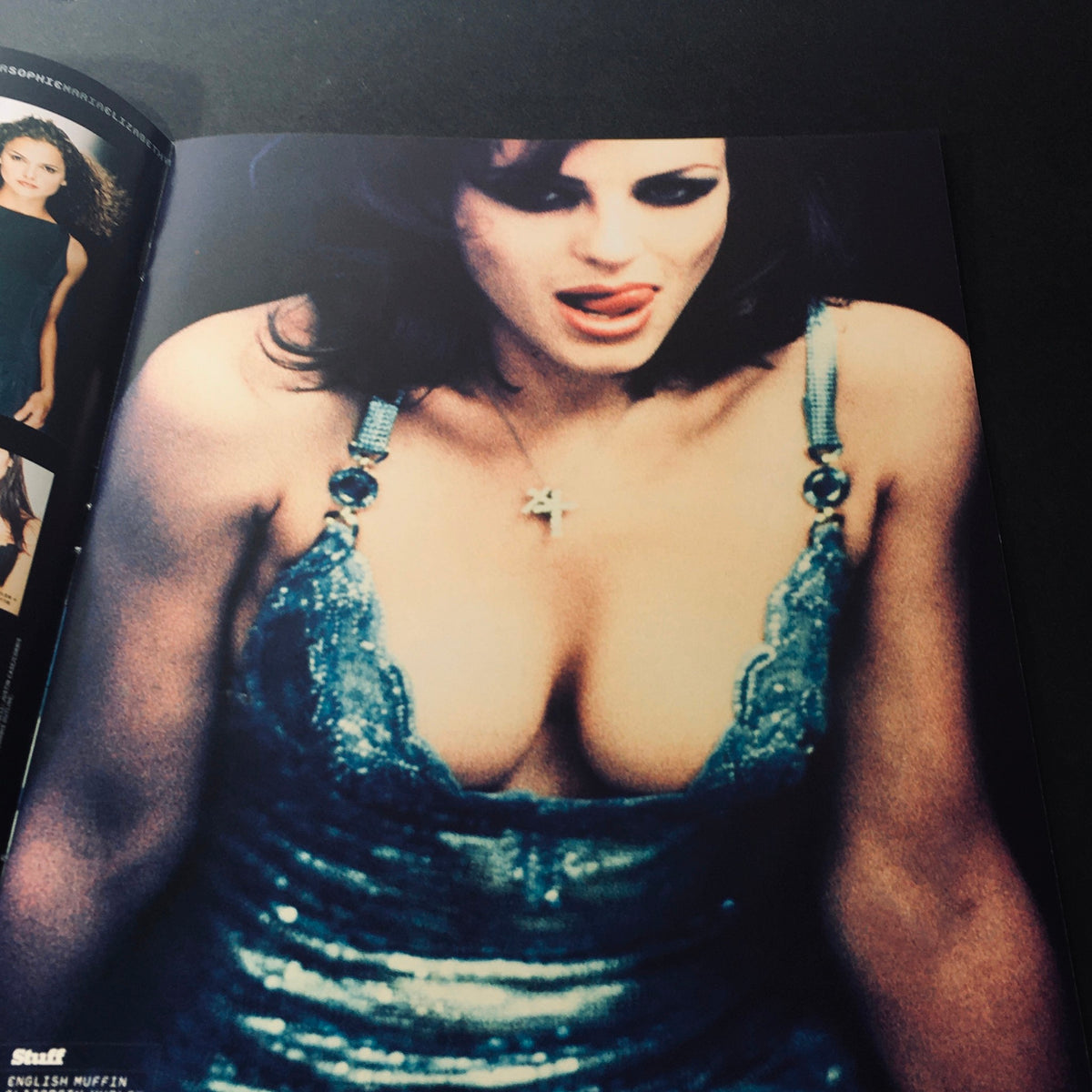 Inside page of Stuff For Him Magazine 2000 showcasing an image of a woman in a sparkly blue dress, representing one of the '100 Sexiest Women In The World'.