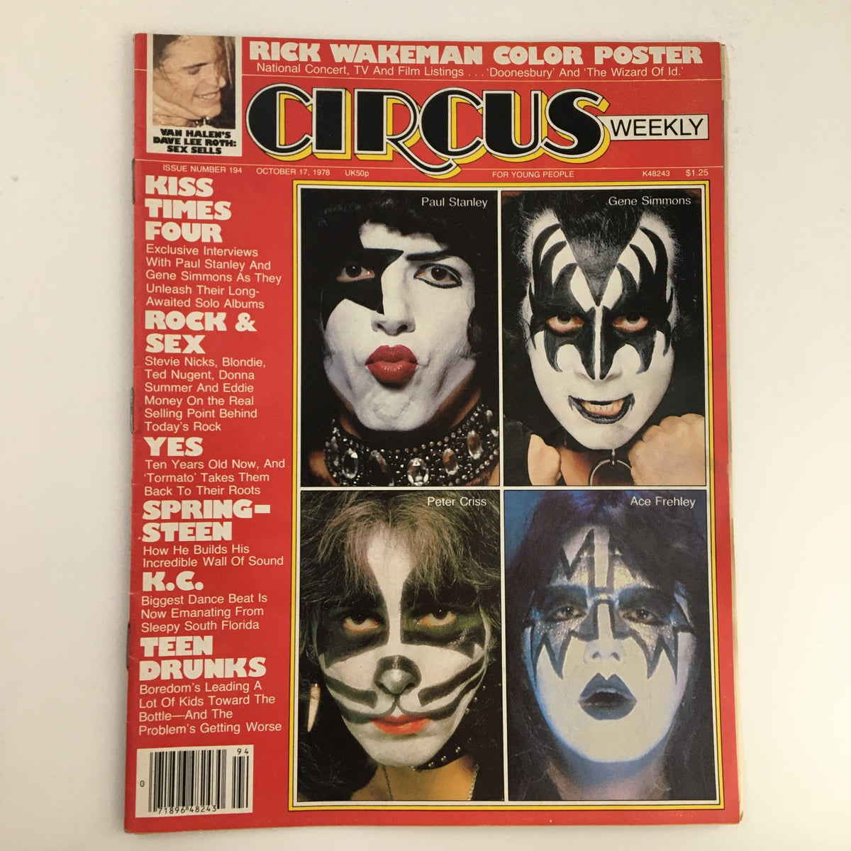 Cover of Circus Weekly Magazine from October 17, 1978 featuring Kiss, titled 'Kiss Times Four'. The cover displays band members Paul Stanley, Gene Simmons, Peter Criss, and Ace Frehley with striking face paint and rock attire, alongside a teaser for Rick Wakeman's color poster.