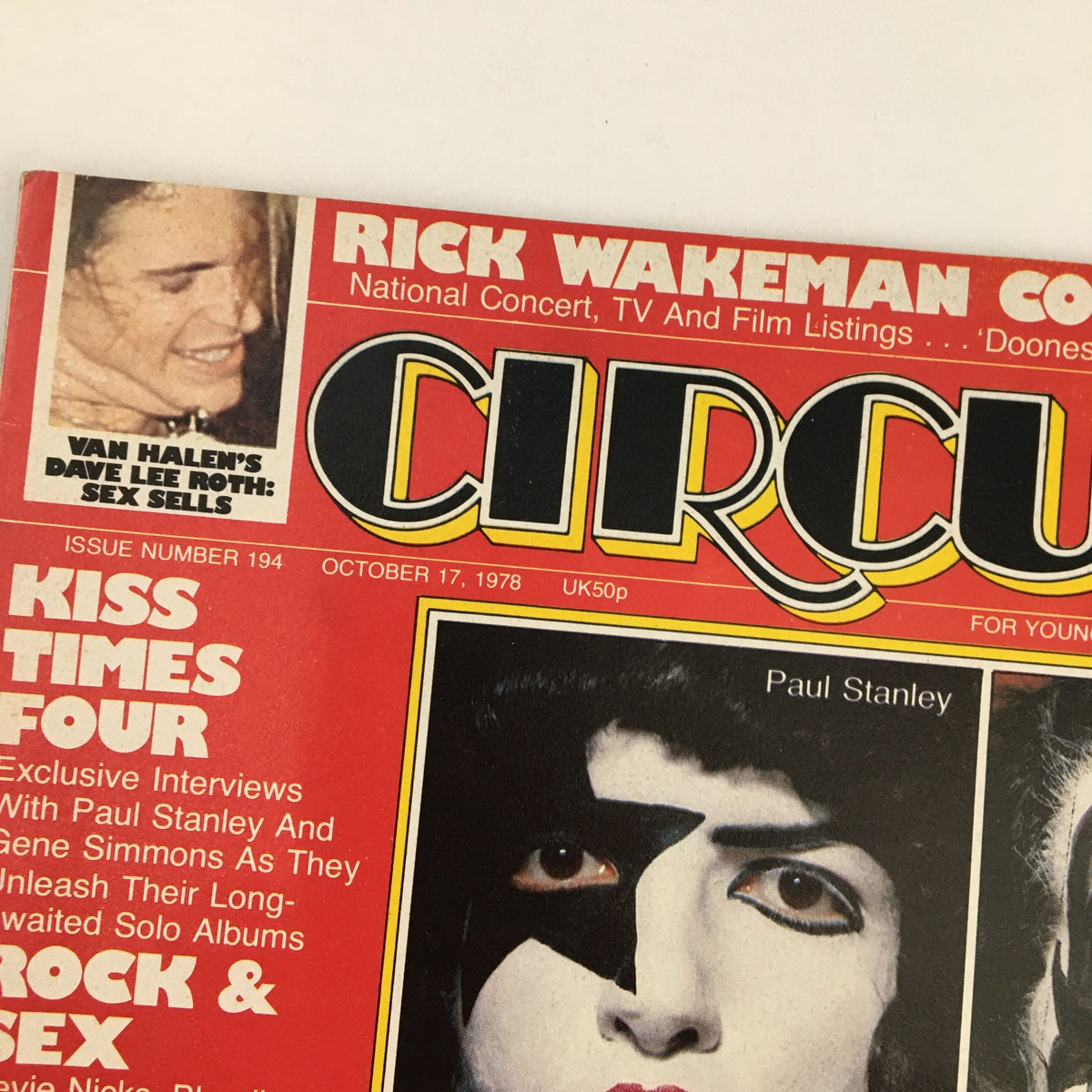 Cover of Circus Weekly Magazine from October 17, 1978 featuring Kiss, titled 'Kiss Times Four', with a photo of Paul Stanley and Rick Wakeman, showcasing content on iconic rock music.