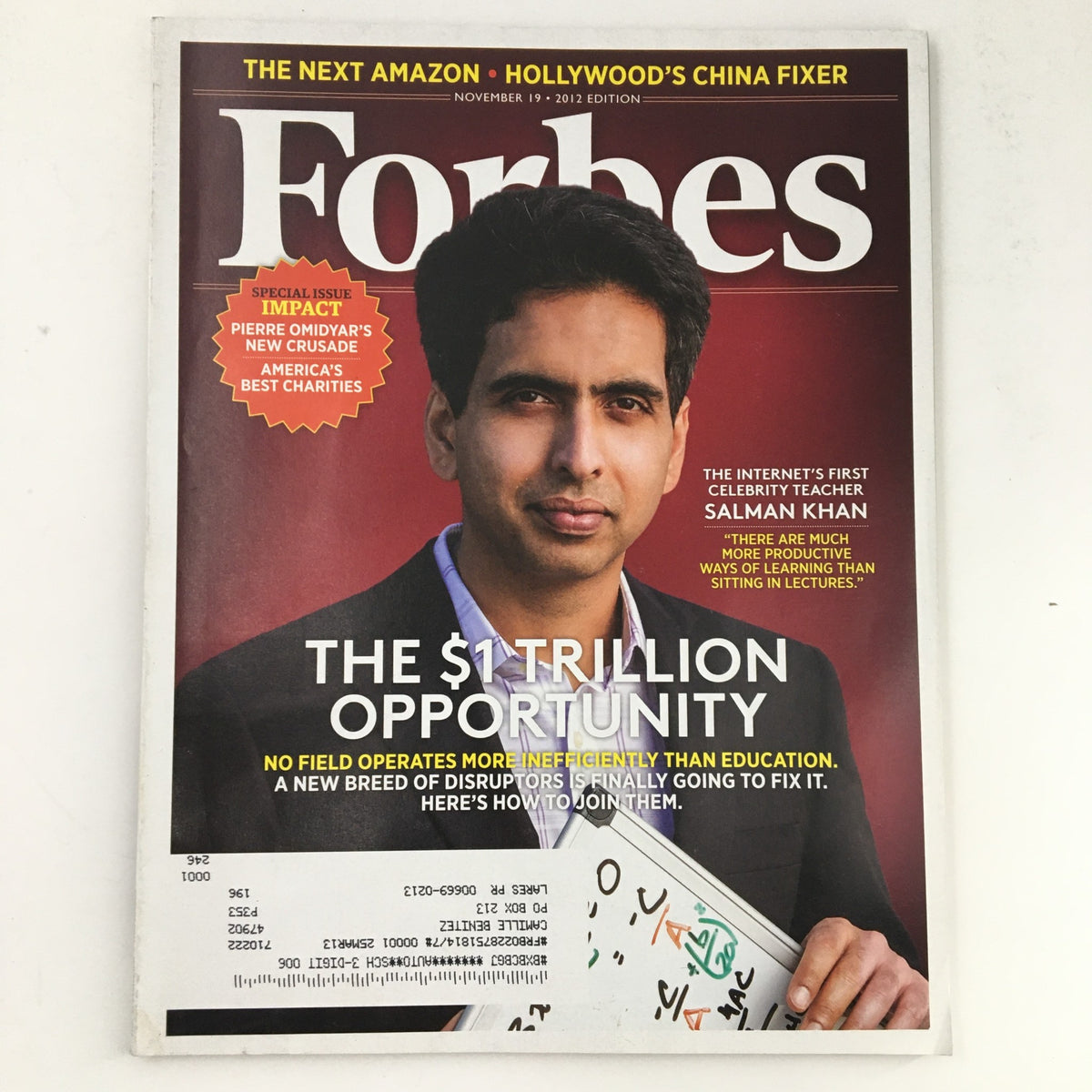 Forbes Magazine November 19 2012 Edition featuring celebrity teacher Salman Khan on the cover, highlighting the educational landscape and opportunities in the digital age, showcasing the theme 'The $1 Trillion Opportunity'.