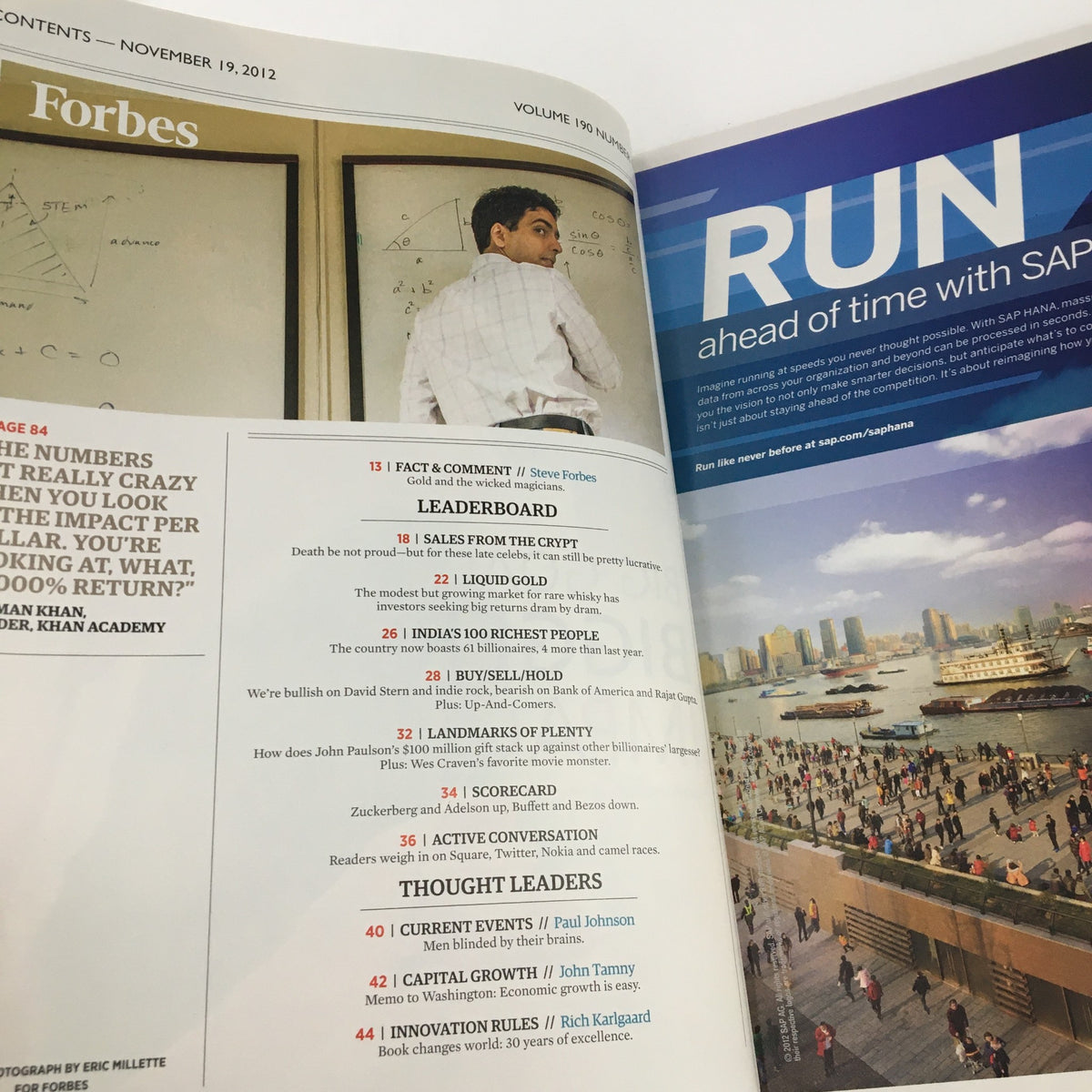 Forbes Magazine November 19, 2012 Edition featuring an image of celebrity teacher Salman Khan, highlighting his influence on modern education and the digital age.