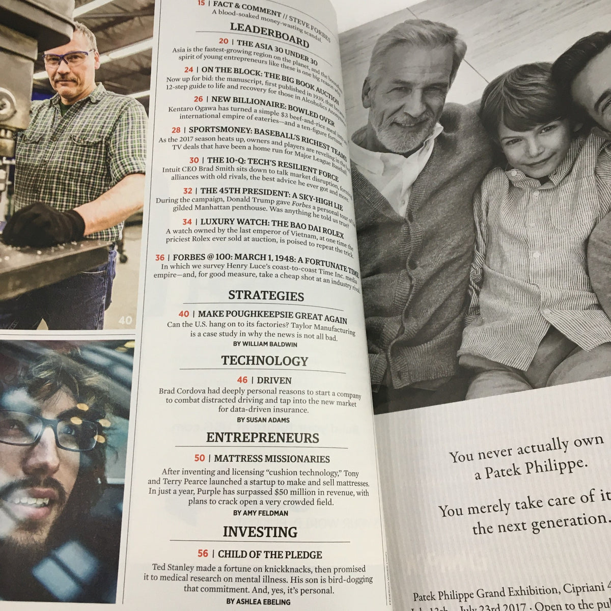 Inside spread of Forbes Magazine May 16, 2017, showcasing articles on business strategies, technology, and entrepreneurship, highlighting key insights from Bruce Flatt and other influential business figures.