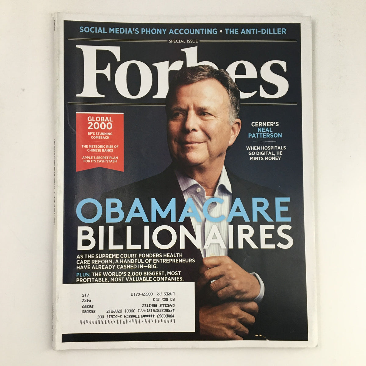 Forbes Magazine May 7, 2012 issue featuring the cover story 'Obamacare Billionaires' and highlighting Cerner's Neal Patterson, illustrating the intersection of healthcare and wealth.