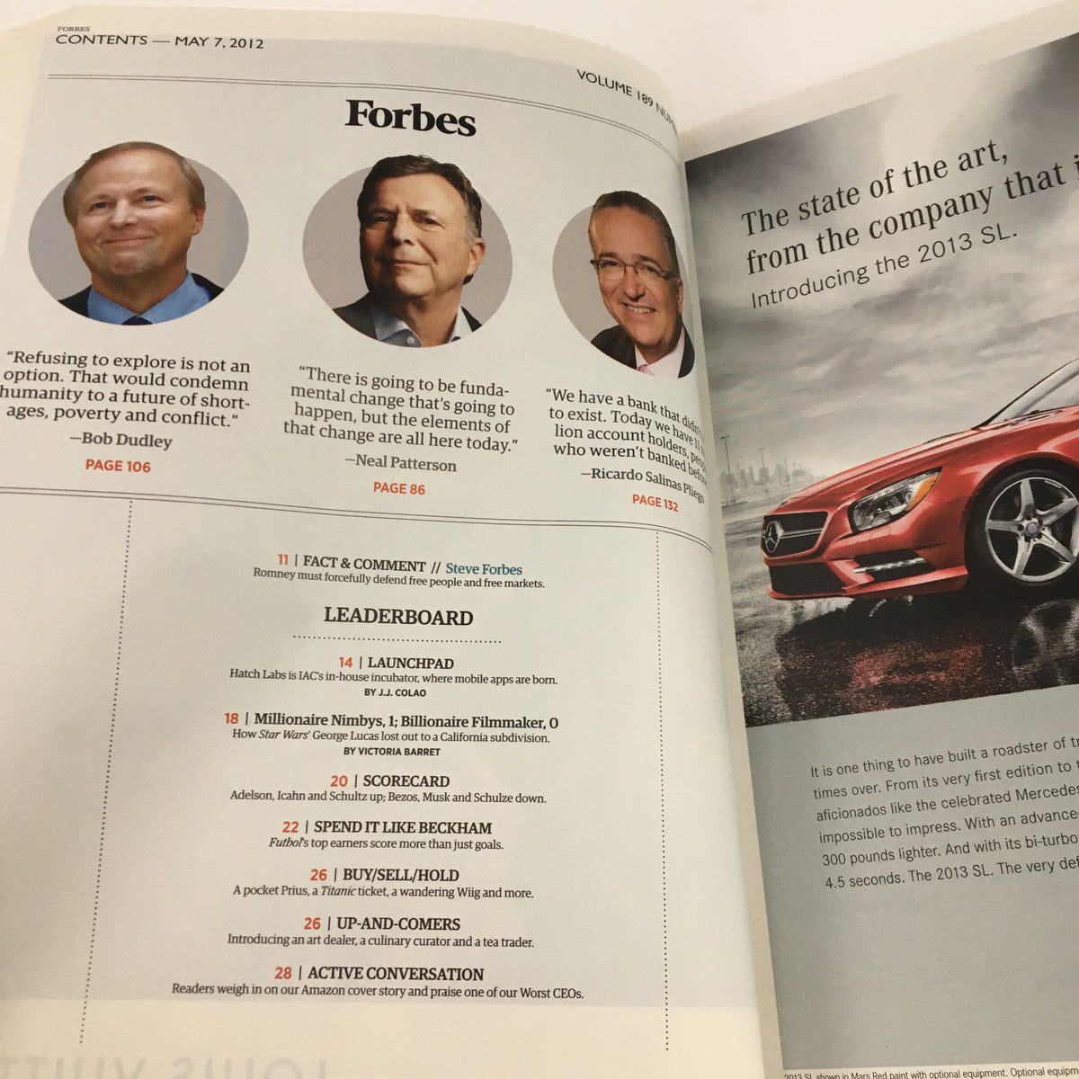 Interior page of Forbes Magazine May 7, 2012, showcasing the table of contents and prominent figures, including Cerner's Neal Patterson.
