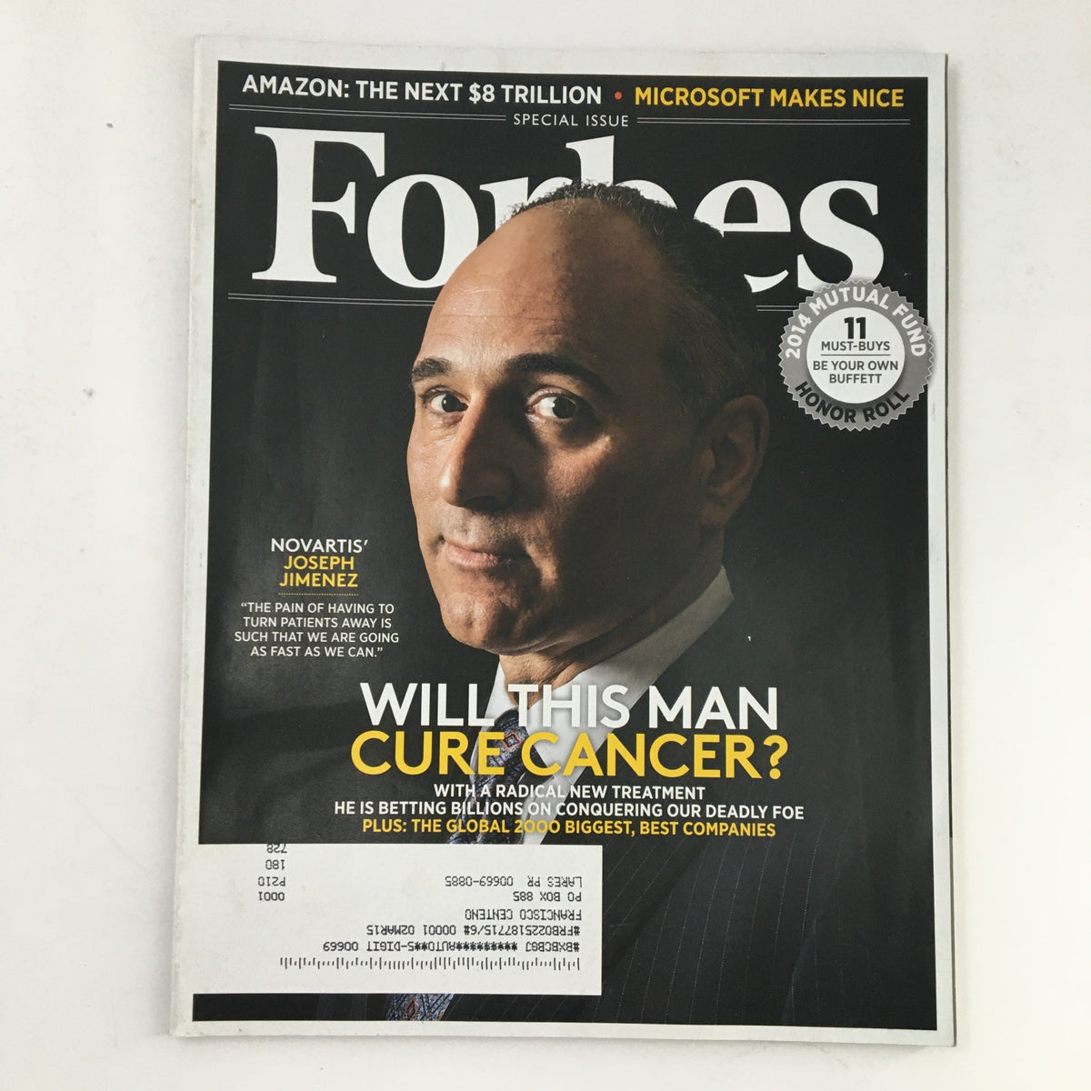 Forbes Magazine May 26 2014 featuring Novartis CEO Joseph Jimenez on the cover, declaring 'Will This Man Cure Cancer?' with a focus on the pharmaceutical industry.